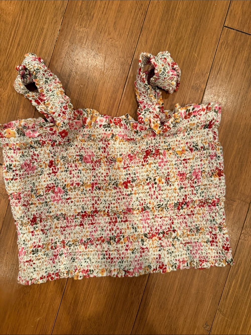 ILLA ILLA White Smocked Floral Crop Top with Pink & Yellow Flowers